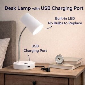 Desk Lamp with USB charging port- no bulb to replace! Black and white Available